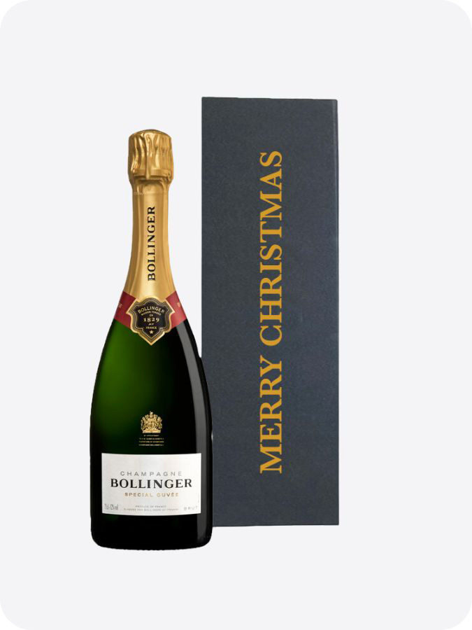 Bollinger Champagne in black gift box with Merry Christmas written on
